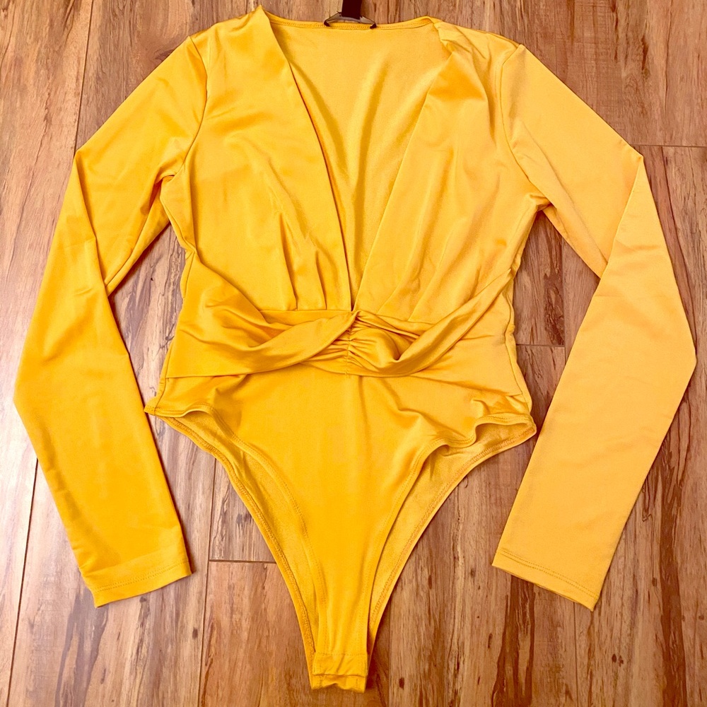 BRAND NEW Mustard Nylon Bodysuit w/ Twisted Front